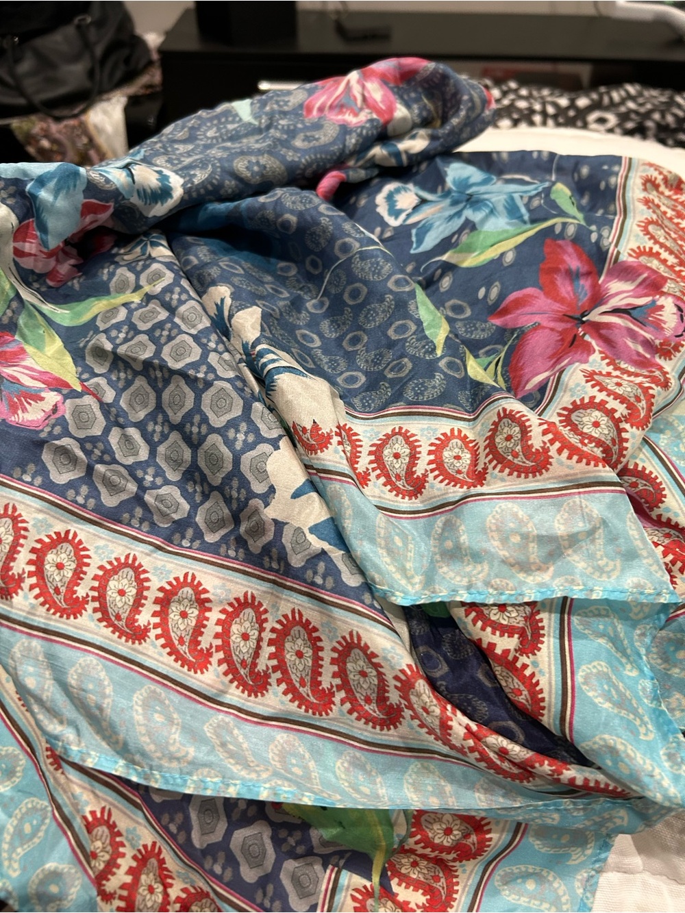 Johnny Was Aqua & Navy Paisley Silk Scarf with Tassels